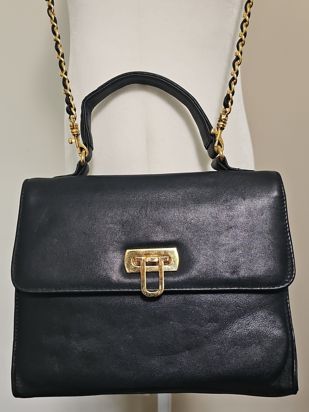 Vintage Giani Bernini Black Leather Top Handle Shoulder Bag Gold Chain Flap